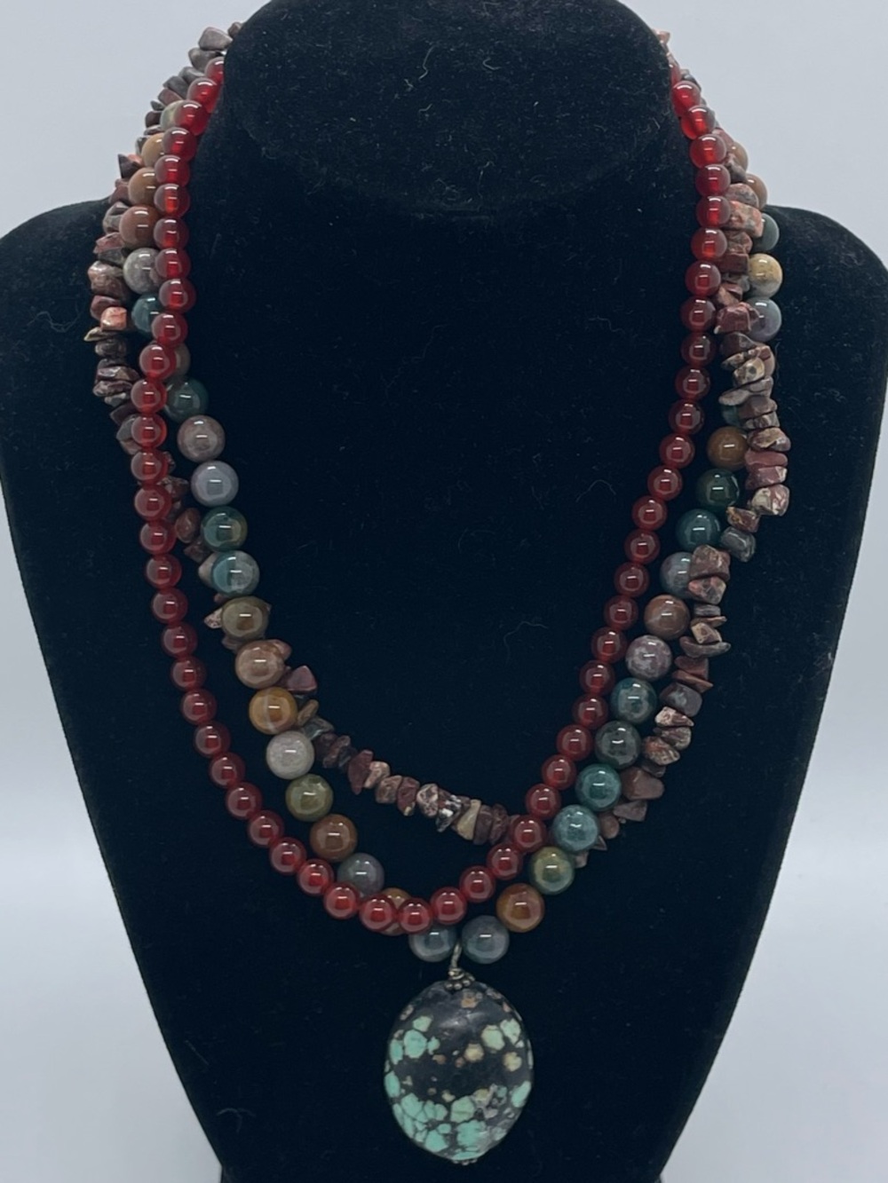 Multi-Strand Red & Earth-Tone Stone Beaded Necklace Turquoise Pendant 925 Clasp